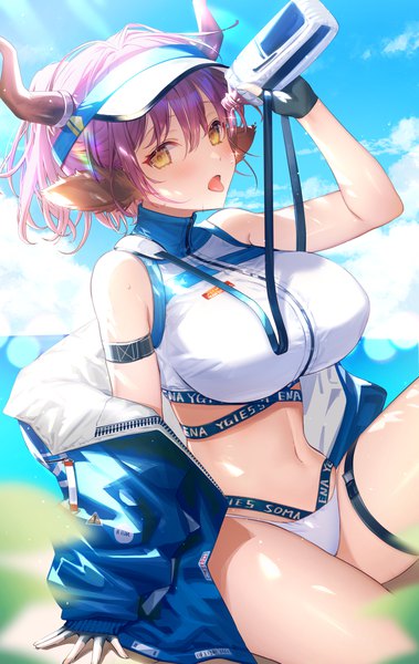 Anime picture 1500x2375 with arknights sideroca (arknights) sideroca (light breeze) (arknights) dega1028 single tall image looking at viewer fringe short hair breasts light erotic hair between eyes large breasts sitting animal ears yellow eyes sky purple hair cloud (clouds) ponytail