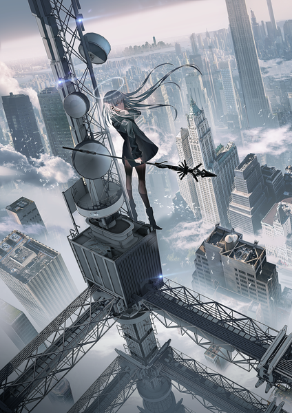 Anime picture 1414x2000 with original swav single long hair tall image looking at viewer fringe blue eyes hair between eyes standing holding sky full body outdoors long sleeves looking back from above wind grey hair from behind