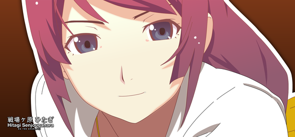 Anime picture 2324x1080 with bakemonogatari shaft (studio) monogatari (series) senjougahara hitagi gryalphk single long hair looking at viewer fringe highres blue eyes simple background wide image light smile inscription hieroglyph close-up vector brown background white skin