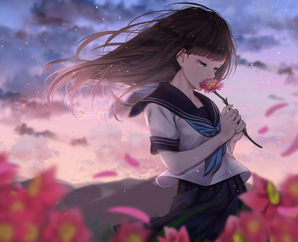 Anime picture 2054x1668 with original saitou (lynx-shrike) single long hair fringe highres blue eyes brown hair holding sky cloud (clouds) outdoors pleated skirt wind short sleeves depth of field tears text looking down english