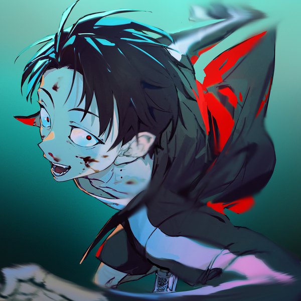 Anime picture 4000x4000 with yofukashi no uta yamori kou nanase miri single looking at viewer highres short hair open mouth black hair simple background red eyes absurdres :d from above blood on face aqua background boy blood