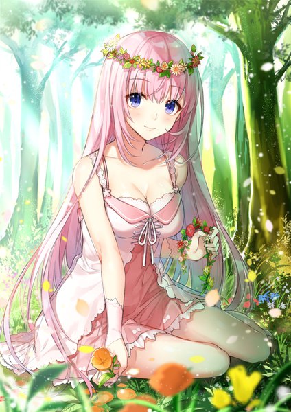 Anime picture 800x1131 with hatsune miku graphy collection vocaloid megurine luka shirako miso single tall image looking at viewer blush fringe breasts blue eyes smile sitting pink hair cleavage outdoors very long hair sunlight blurry depth of field