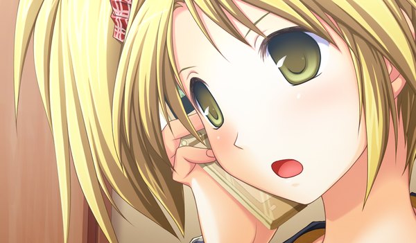 Anime picture 1024x600 with akikaze personal (game) short hair open mouth blonde hair wide image green eyes game cg girl