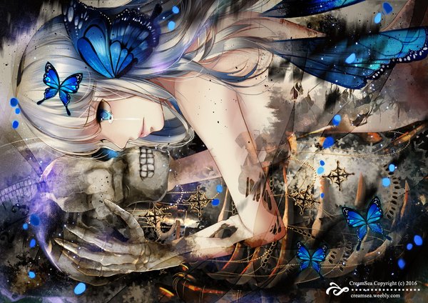 Anime picture 1024x724 with original creamsea long hair looking at viewer blue eyes light erotic looking away white hair tears skeleton girl hair ornament insect butterfly skull butterfly hair ornament