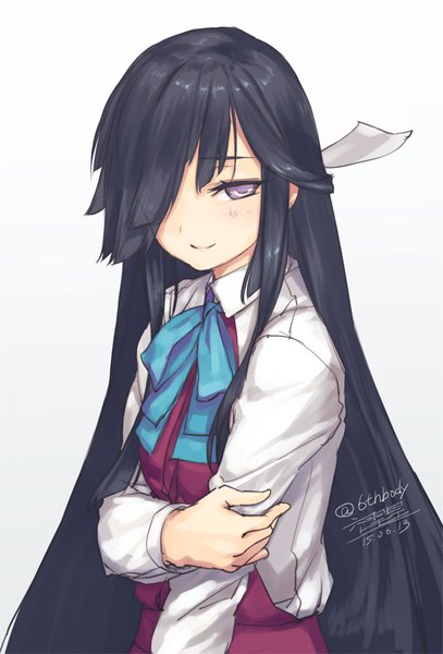 Anime picture 543x800 with kantai collection hayashimo destroyer rokuwata tomoe single long hair tall image looking at viewer fringe simple background smile purple eyes signed hair over one eye grey background dated girl uniform school uniform