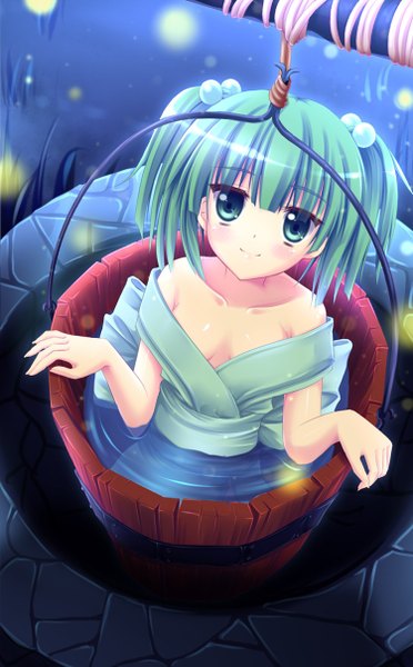 Anime picture 750x1208 with touhou kisume angel koman single tall image blush short hair blue eyes smile blue hair traditional clothes japanese clothes girl kimono bucket