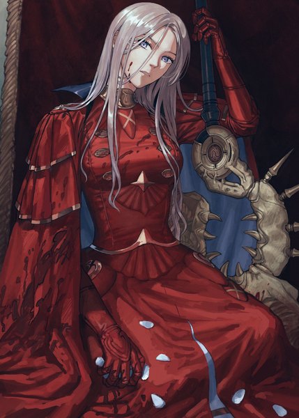Anime picture 2220x3106 with fire emblem fire emblem: three houses nintendo edelgard von hresvelg oki xfourty single long hair tall image looking at viewer fringe highres hair between eyes sitting purple eyes holding silver hair parted lips head tilt alternate hairstyle blood on face