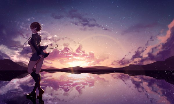 Anime-Bild 1500x900 mit original kisui single blush short hair brown hair wide image standing sky cloud (clouds) outdoors eyes closed profile pleated skirt wind sunlight night lens flare evening reflection