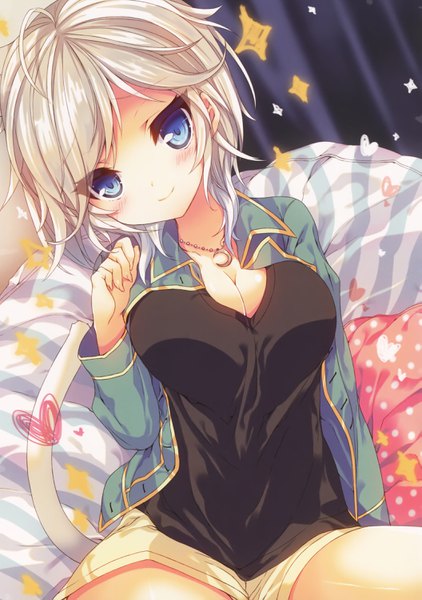 Anime picture 2109x2996 with idolmaster idolmaster cinderella girls anastasia (idolmaster) p19 single tall image looking at viewer blush highres short hair breasts blue eyes light erotic smile large breasts sitting payot cleavage ahoge tail