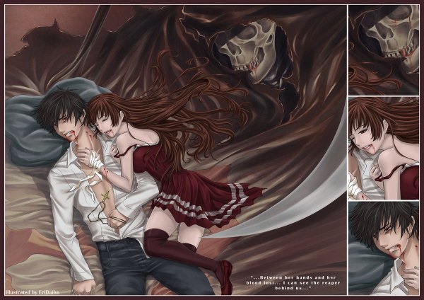 Anime-Bild 1200x848 mit i am your master sofia (i am your master) cain (i am your master) eridaiho (artist) long hair short hair black hair red eyes brown hair lying eyes closed inscription open clothes open shirt couple multiview sleeping partially open clothes vampire skeleton