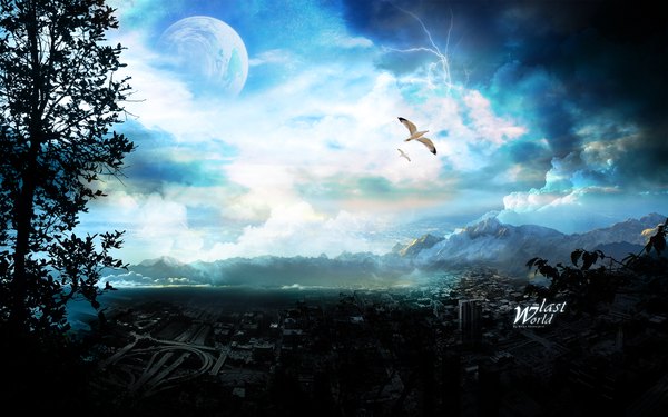 Anime picture 1920x1200 with original uribaani highres wide image sky cloud (clouds) inscription wallpaper city light cityscape mountain no people landscape fantasy scenic lightning plant (plants) animal tree (trees)