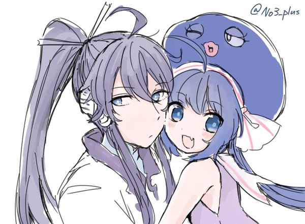 Anime picture 1020x750 with vocaloid kamui gakupo otomachi una n03+ long hair looking at viewer blush open mouth blue eyes simple background white background signed payot purple hair ahoge ponytail :d twitter username sketch cheek-to-cheek