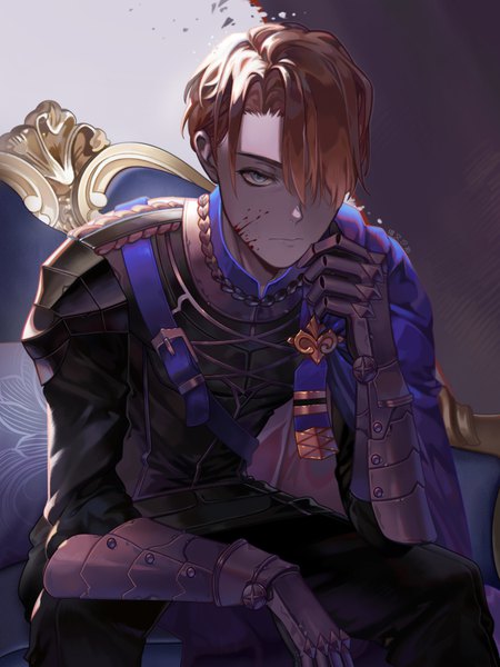 Anime picture 825x1100 with fire emblem fire emblem: three houses nintendo dimitri alexandre blaiddyd peach luo single tall image looking at viewer fringe short hair blue eyes blonde hair sitting hair over one eye expressionless blood on face boy uniform armor blood