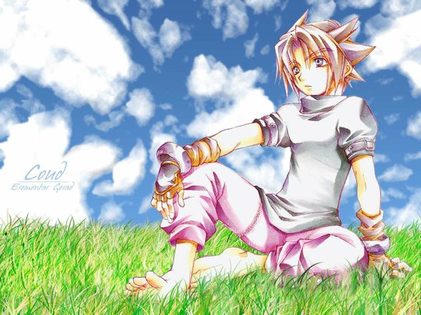 Anime picture 1024x768 with erementar gerad coud van giruet azuma mayumi single short hair sitting looking away cloud (clouds) full body barefoot arm support wallpaper copyright name character names boy plant (plants) grass