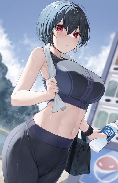 Anime picture 800x1245 with original pocari sweat xe (execut3r) single tall image looking at viewer fringe short hair breasts light erotic black hair hair between eyes red eyes large breasts standing sky cloud (clouds) outdoors nail polish fingernails