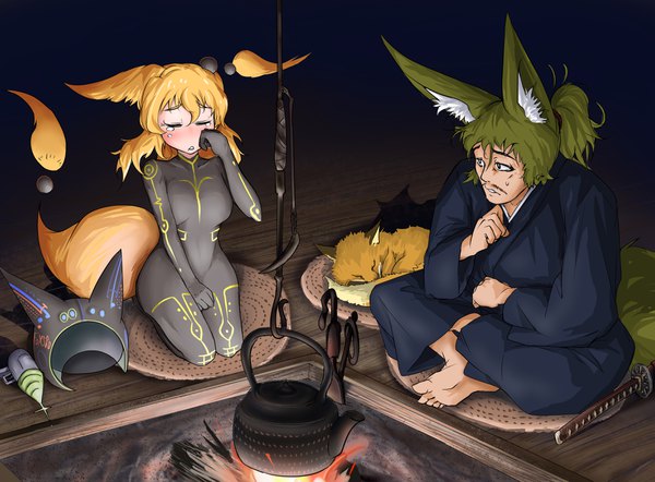 Anime picture 3720x2742 with original doitsuken long hair blush highres blonde hair sitting animal ears absurdres ponytail indoors tail eyes closed traditional clothes parted lips japanese clothes animal tail green hair shadow fox ears