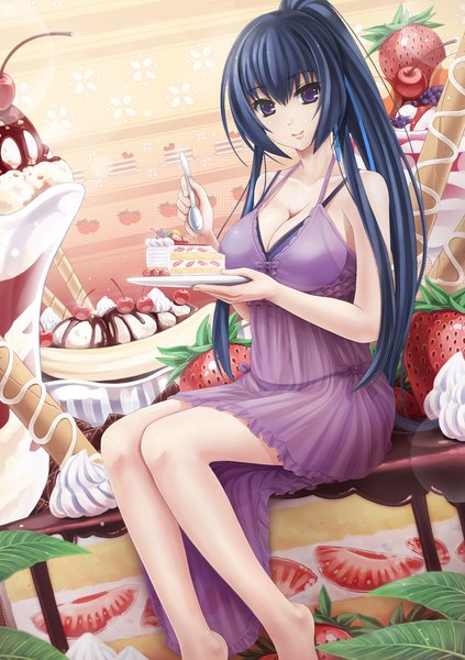 Anime picture 1500x2125 with sunimu single long hair tall image looking at viewer light erotic purple eyes blue hair ponytail pantyshot girl underwear panties food lingerie bra sweets berry (berries) cake strawberry