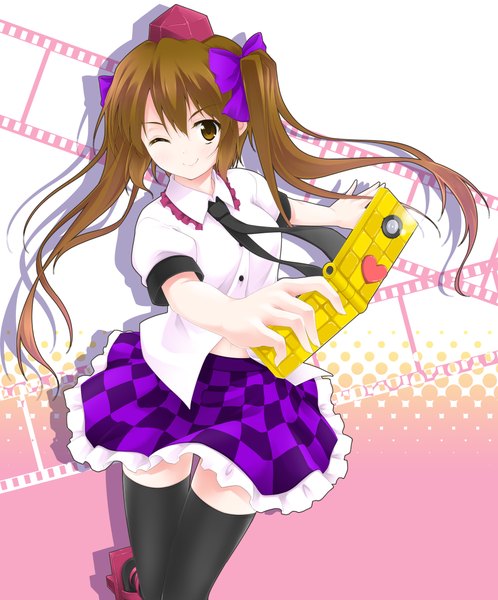 Anime picture 1756x2114 with touhou himekaidou hatate single long hair tall image highres smile brown hair brown eyes one eye closed wink checkered skirt girl thighhighs skirt black thighhighs miniskirt necktie phone