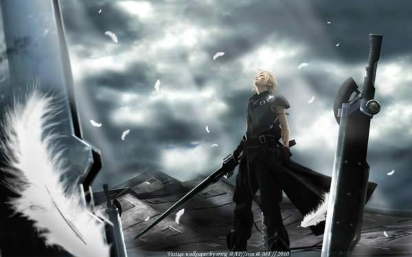 Anime picture 1280x800 with final fantasy square enix cloud strife srsn single short hair blonde hair wide image sky looking up boy gloves weapon sword belt armor feather (feathers)