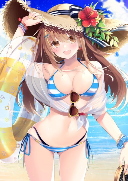 Anime picture 1063x1500 with original sasahara wakaba single long hair tall image looking at viewer blush fringe breasts open mouth light erotic brown hair large breasts standing brown eyes payot sky cloud (clouds) nail polish :d