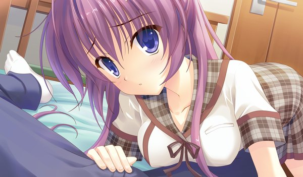 Anime picture 1024x600 with tsukumonotsuki long hair blue eyes wide image game cg purple hair ponytail girl uniform school uniform shirt