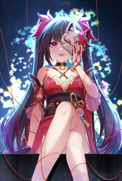 Anime picture 900x1332 with honkai: star rail honkai (series) sparkle (honkai: star rail) jiman single long hair tall image looking at viewer blush fringe black hair sitting twintails bare shoulders payot blunt bangs pink eyes bare legs tattoo crossed legs