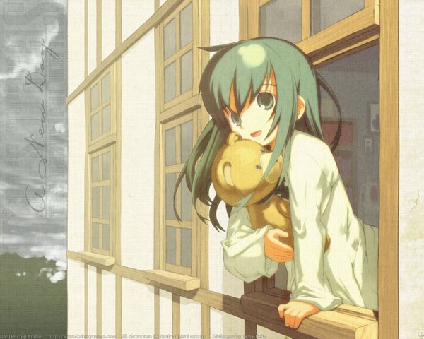 Anime picture 1280x1024 with kino no tabi kino (kino no tabi) kuroboshi kouhaku tama-neko single long hair looking at viewer open mouth smile green eyes green hair wallpaper third-party edit girl skirt window building (buildings) teddy bear