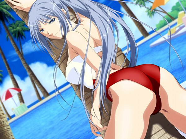 Anime picture 1024x768 with eve new generation x (game) himuro kyouko blue eyes light erotic blue hair game cg girl swimsuit