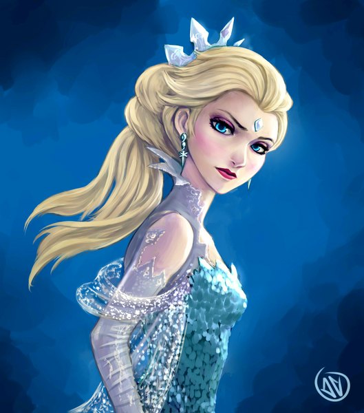 Anime picture 1878x2130 with frozen (disney) disney elsa (frozen) jaeon009 single long hair tall image looking at viewer highres breasts blue eyes blonde hair lips lipstick blue background alternate hairstyle eyeshadow makeup girl dress