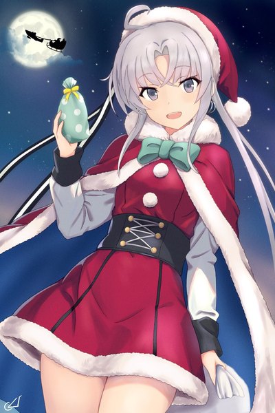 Anime picture 852x1278 with kantai collection akitsushima seaplane tender kotou yogen single long hair tall image looking at viewer blush open mouth smile standing holding long sleeves :d grey hair night grey eyes side ponytail girl bow