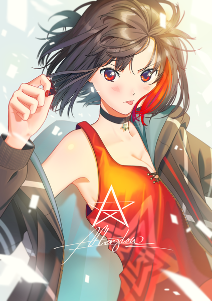Anime picture 885x1254 with bang dream! mitake ran poligon (046) single tall image looking at viewer blush fringe short hair black hair simple background red eyes bare shoulders holding signed cleavage upper body red hair nail polish multicolored hair