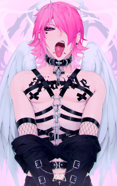 Anime picture 1261x2000 with original mazamuno single tall image looking at viewer blush fringe short hair open mouth light erotic standing signed pink hair upper body pink eyes hair over one eye teeth twitter username piercing facial mark