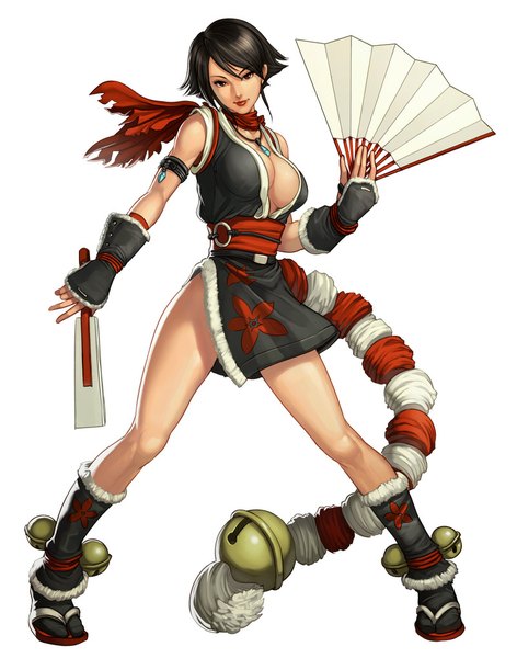 Anime picture 800x1016 with the king of fighters snk shiranui mai artgerm (stanley lau) single tall image looking at viewer short hair breasts light erotic black hair simple background red eyes large breasts white background cleavage full body traditional clothes realistic lipstick