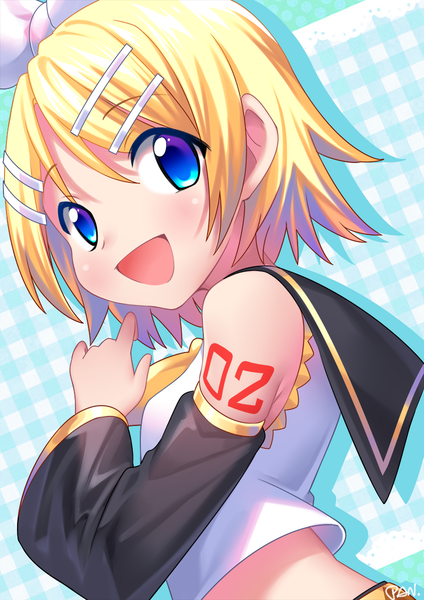 Anime picture 849x1200 with vocaloid kagamine rin kashi kosugi single tall image looking at viewer short hair open mouth blue eyes blonde hair upper body plaid sailor collar plaid background girl detached sleeves hairclip