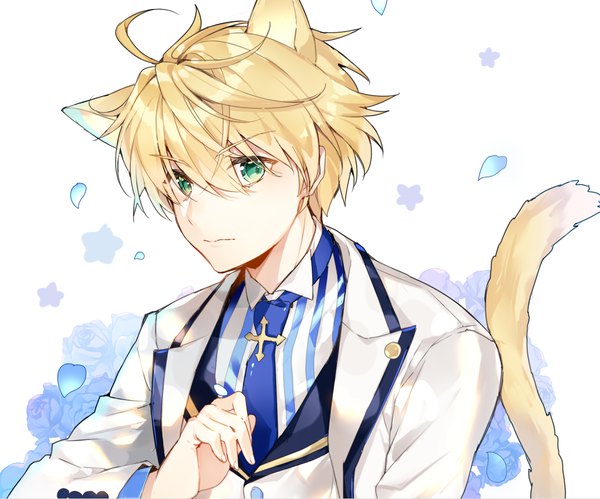 Anime picture 1197x996 with fate (series) fate/grand order fate/prototype arthur pendragon (fate) pingo single fringe short hair blonde hair hair between eyes white background green eyes animal ears ahoge upper body tail animal tail cat ears cat tail kemonomimi mode