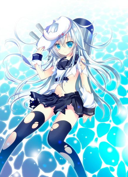 Anime picture 800x1102 with kantai collection hibiki destroyer verniy destroyer shirogane hina single long hair tall image looking at viewer blue eyes white hair torn clothes hammer and sickle girl thighhighs skirt black thighhighs sailor suit flat cap torn thighhighs