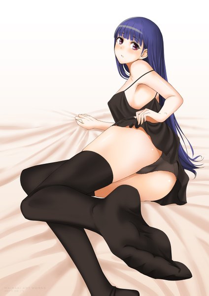 Anime picture 1000x1415 with original maisaki single long hair tall image blush light erotic purple eyes blue hair legs girl thighhighs underwear panties black thighhighs