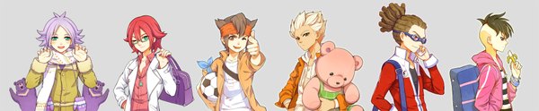 Anime picture 1929x400 with inazuma eleven kiyama hiroto fubuki shirou endou mamoru kidou yuuto gouenji shuuya fudou akio nanjou (sumeragimishiro) short hair simple background smile red eyes brown hair wide image brown eyes green eyes purple hair white hair red hair profile