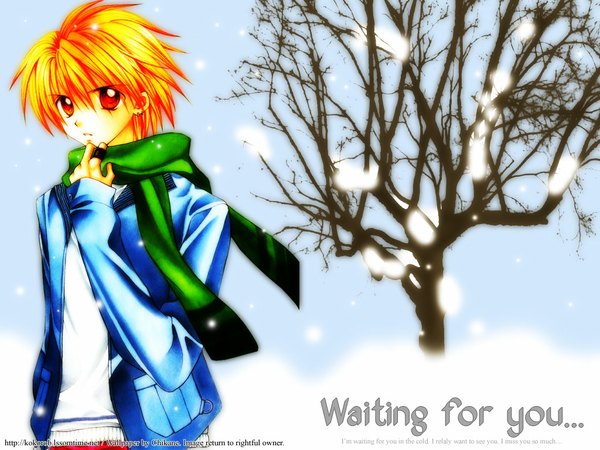 Anime picture 1024x768 with mermaid melody pichi pichi pitch domoto kaito hanamori pink oneechan (minitokyo) single looking at viewer fringe short hair blonde hair hair between eyes red eyes signed winter third-party edit bare tree boy plant (plants) tree (trees) scarf