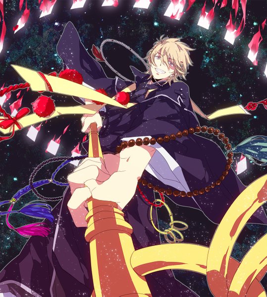 Anime picture 1096x1219 with ao no exorcist a-1 pictures shima kinzou sara666 (roentgen666) single tall image short hair blonde hair smile purple eyes piercing boy uniform hair ornament weapon bobby pin staff beads flame prayer beads