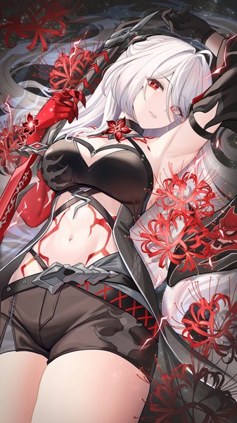 Anime picture 2160x3840 with honkai: star rail honkai (series) acheron (honkai: star rail) lalazyt single long hair tall image looking at viewer fringe highres breasts light erotic red eyes large breasts white hair lying parted lips arm up hair over one eye arms up