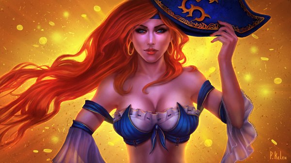Anime picture 2000x1124 with league of legends miss fortune (league of legends) patricia kelen single long hair looking at viewer highres breasts blue eyes light erotic wide image bare shoulders signed cleavage red hair wallpaper hand on hip lipstick red lipstick girl