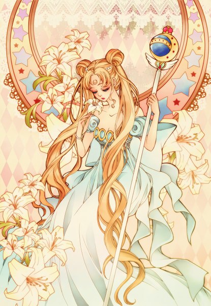 Anime picture 1000x1445 with bishoujo senshi sailor moon toei animation tsukino usagi princess serenity sizh single tall image blue eyes blonde hair twintails bare shoulders very long hair hair bun (hair buns) facial mark looking down crescent forehead mark girl dress hair ornament