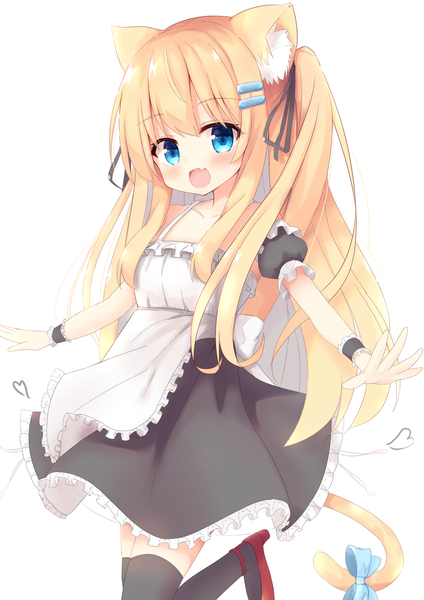 Anime picture 1447x2047 with original hiragana ababa single long hair tall image looking at viewer blush fringe open mouth blue eyes simple background blonde hair smile standing white background animal ears tail :d animal tail cat ears