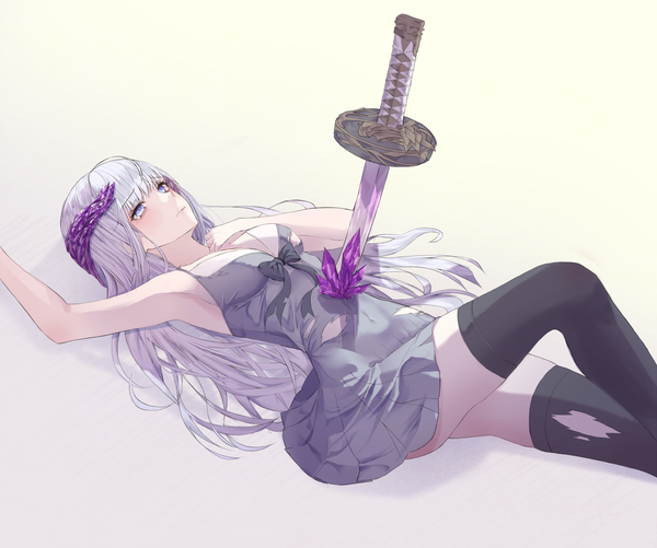 Anime picture 1500x1253 with original crying eye single long hair blush fringe breasts blue eyes simple background silver hair lying blunt bangs arm up armpit (armpits) on back gradient background torn clothes covered navel looking up slit pupils