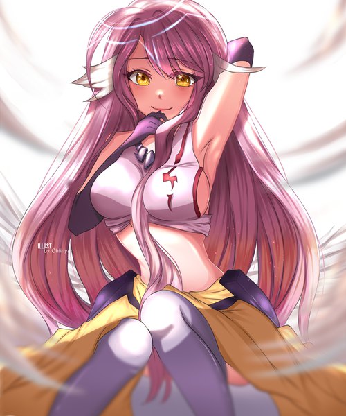 Anime picture 2500x3000 with no game no life madhouse jibril (no game no life) chiinyan single long hair tall image looking at viewer blush fringe highres breasts light erotic hair between eyes large breasts sitting signed yellow eyes payot pink hair