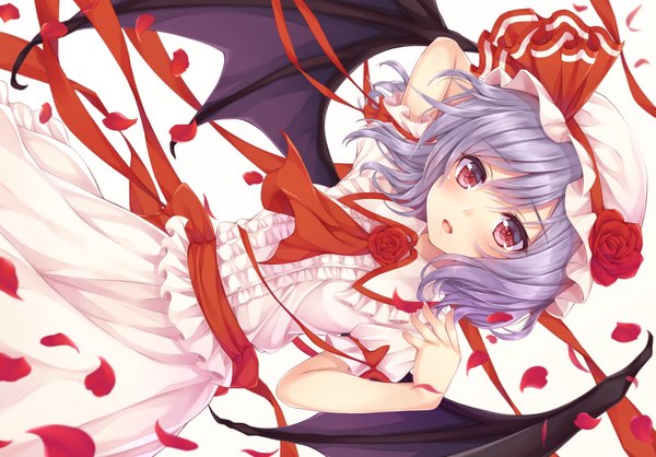 Anime picture 1619x1130 with touhou remilia scarlet kitou kaitai single looking at viewer blush short hair open mouth red eyes blue hair girl dress flower (flowers) petals wings bonnet