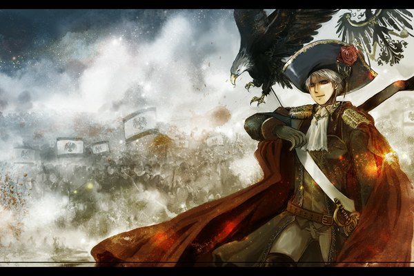 Anime picture 1000x667 with axis powers hetalia studio deen prussia (hetalia) looking at viewer short hair red eyes silver hair arm up light smile solo focus sheathed army boy gloves uniform flower (flowers) weapon hat animal belt
