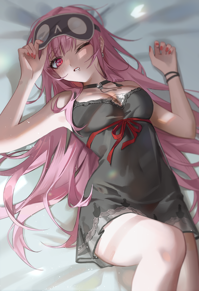 Anime picture 1869x2736 with virtual youtuber hololive hololive english mori calliope mori calliope (6th costume) jyuma single long hair tall image looking at viewer fringe highres breasts light erotic red eyes pink hair lying blunt bangs nail polish one eye closed