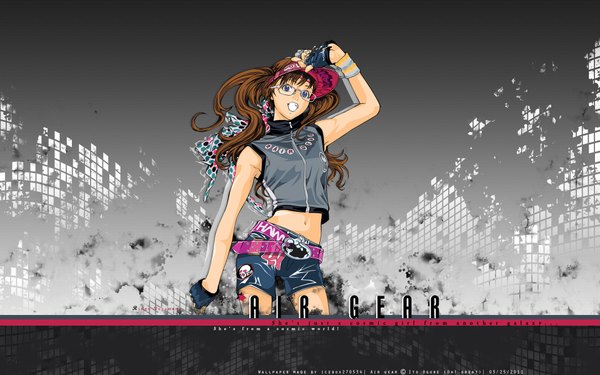 Anime picture 1920x1200 with air gear toei animation noyamano ringo oogure ito single long hair highres brown hair wide image inscription midriff wallpaper girl navel glasses shorts belt headphones fingerless gloves flat cap